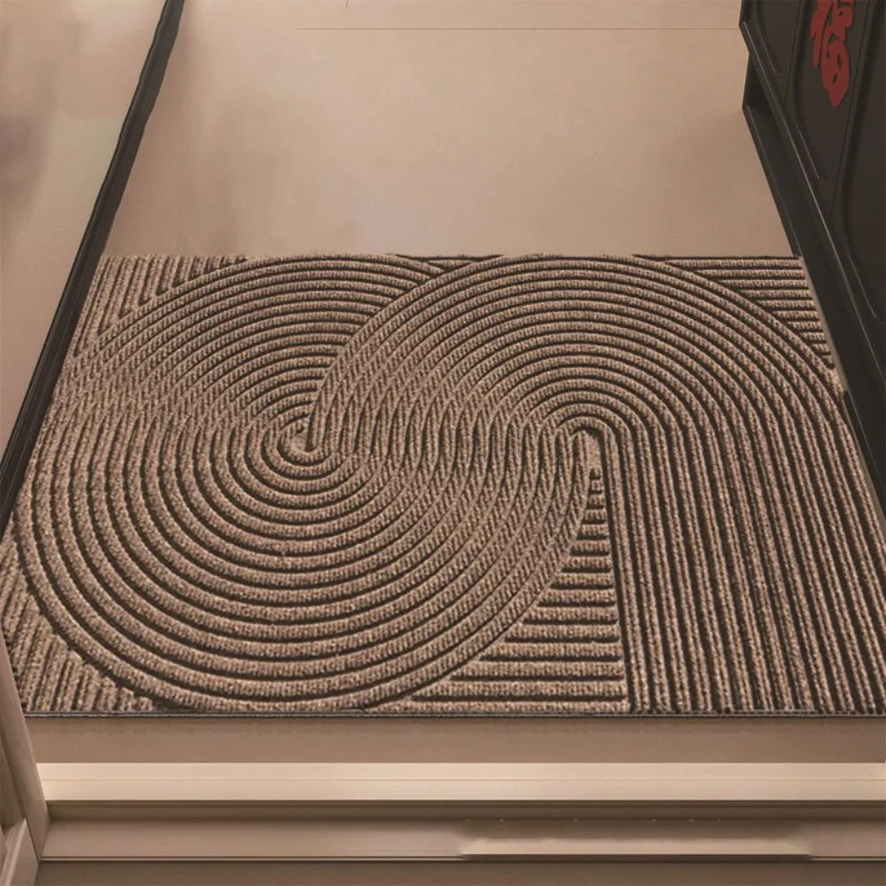 tapis d'entrée moderne rayures vert foncé marron gris antidérapant resistant taches
