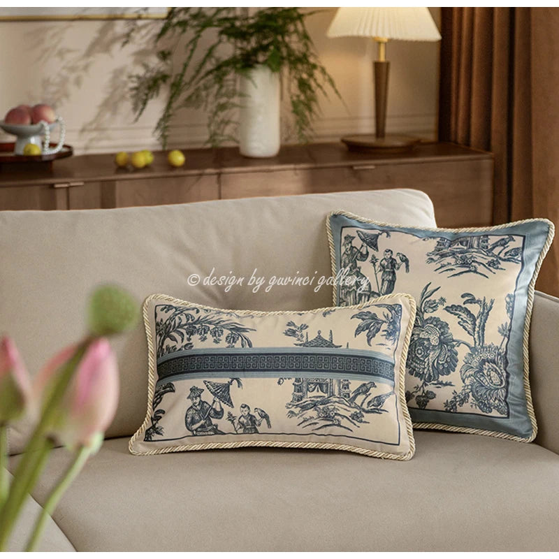 coussin vintage motif traditionnel beige bleu oiseaux fleurs structure respectueux environnement polyester doux 30x50cm