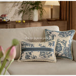coussin vintage motif traditionnel beige bleu oiseaux fleurs structure respectueux environnement polyester doux 30x50cm