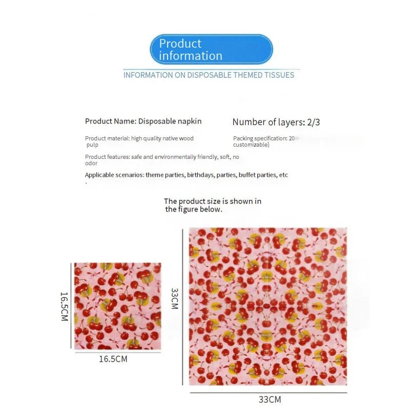 serviettes jetables rose clair cerises feuilles vertes fond rose moderne opaques pack 20PCS