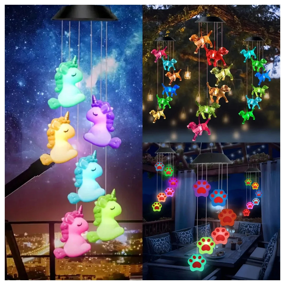 Mobiles solaires oiseaux chauves souris licornes chiens étoiles lunes cerfs bleu vert rouge jaune