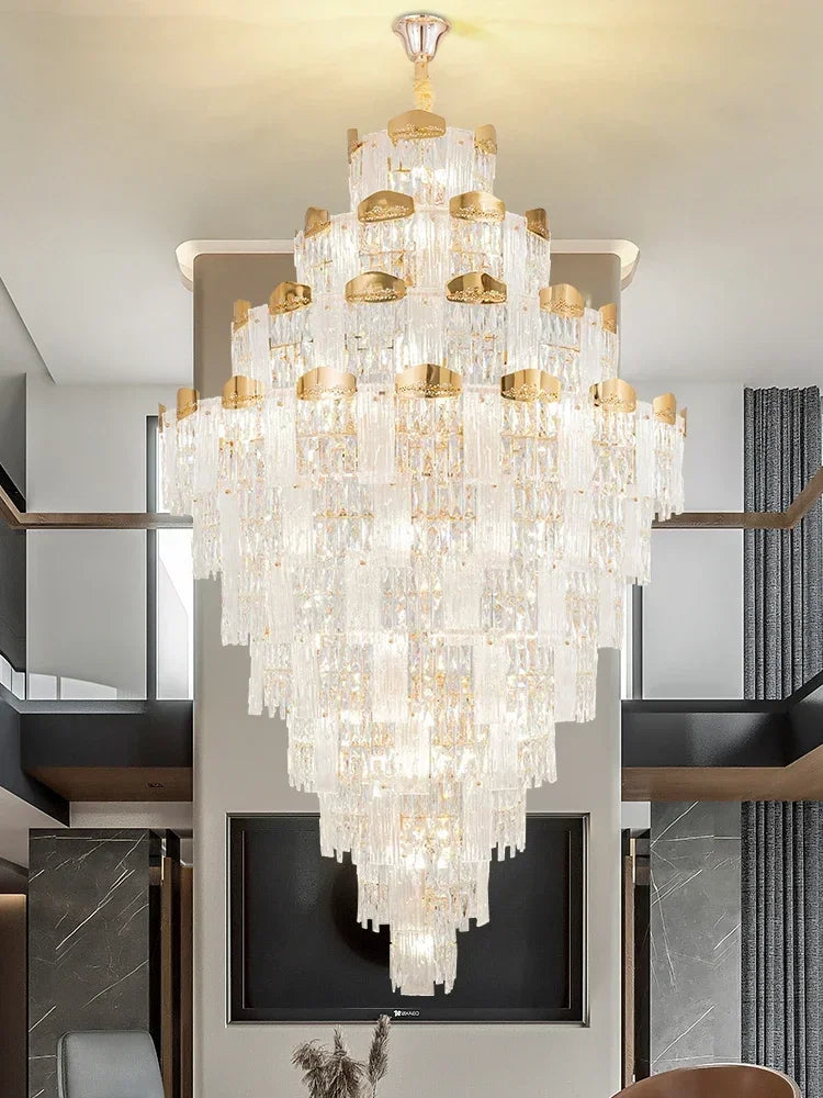 lustre cristal luxe doré moderne suspension salon hall maison grande décoration luminaire intérieur