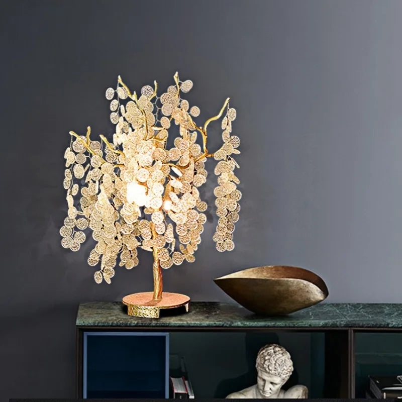 lampe pied moderne or feuilles flocon cristal transparent contemporainDecorationArtistique