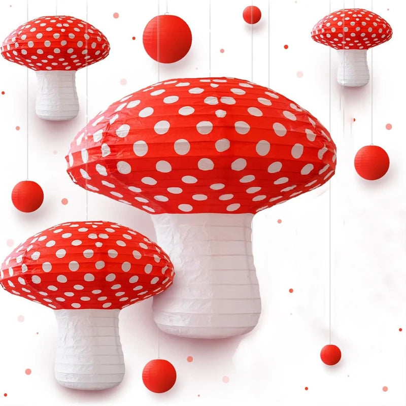 lanternes champignon papier rouge blanc pois texture moderne fête decoration différents tailles