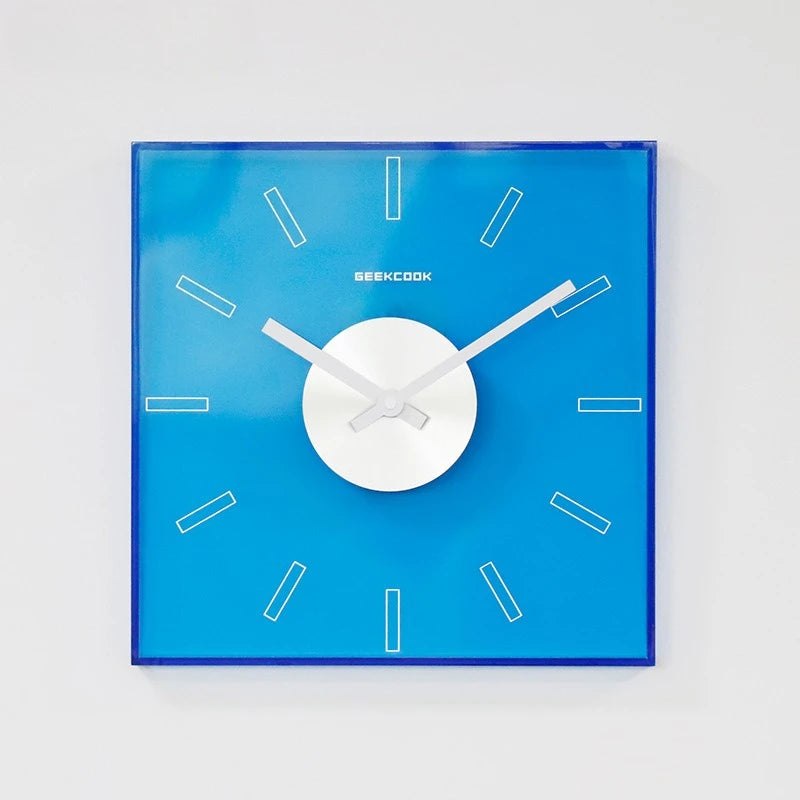 horloge murale moderne acrylique bleu orange rouge rectangles blancs minimaliste