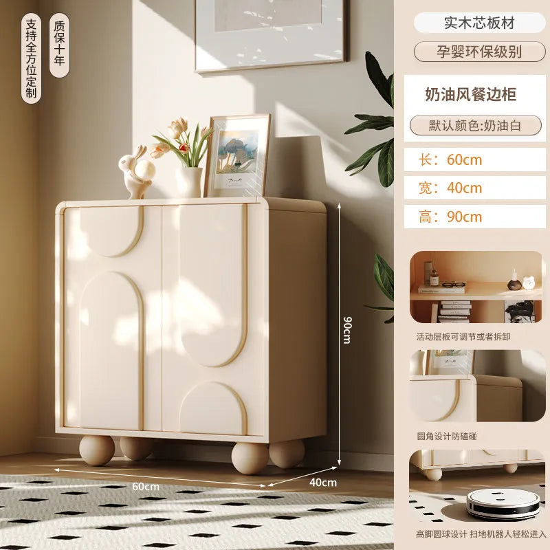 meuble rangement moderne bois motifs géométriques beige clair pieds ronds