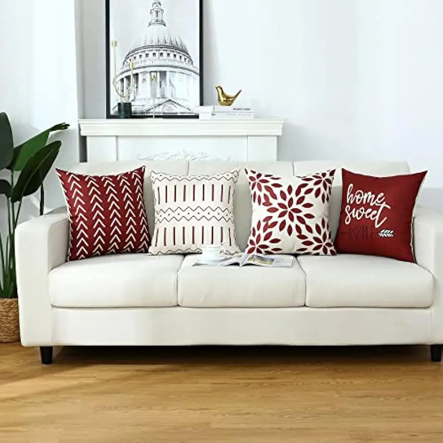 housse coussin carrée rouge motifs géométriques modernes décoration salon canapé fauteuil intérieur maison