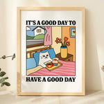 affiche murale chat illustration minimaliste cadre aluminium blanc bleu rose beige