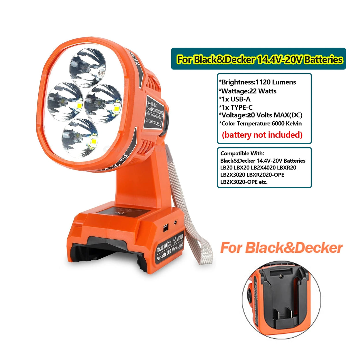 lampe torche led rechargeable orange moderne 22w 1120lm modes usb charge rapide