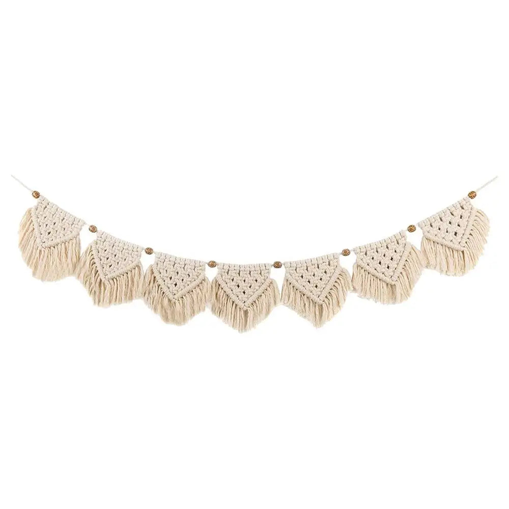 guirlande décorative macramé bohème crème triangles franges suspension bois ethnique