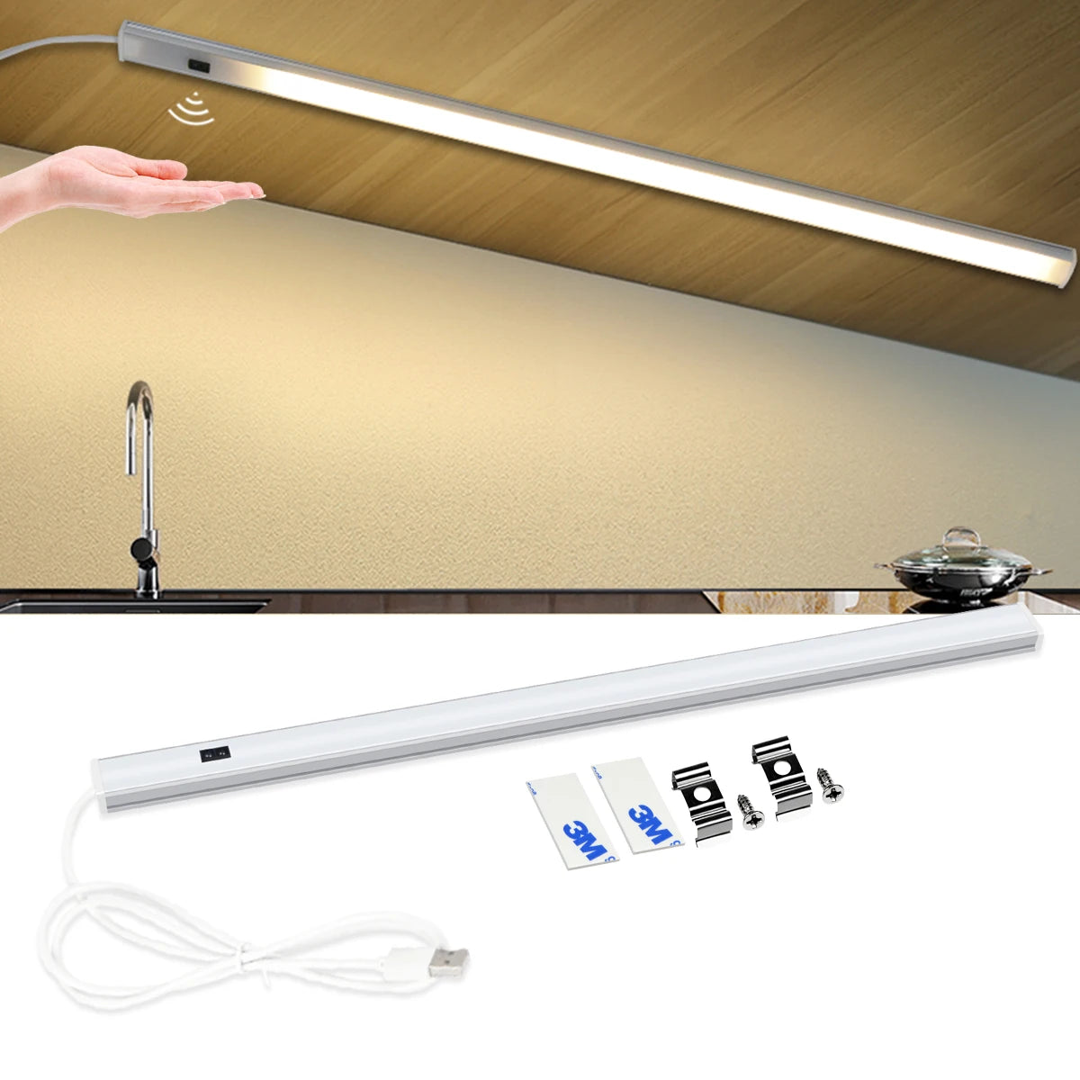 barre led aluminium 50cm sensor mouvement éclairage intérieur blanc moderne adhésif fixe chambre cuisine