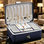 boîtes bijoux simili cuir bleu marine blanc rose pâle compartiments montres boucles doreilles modernes
