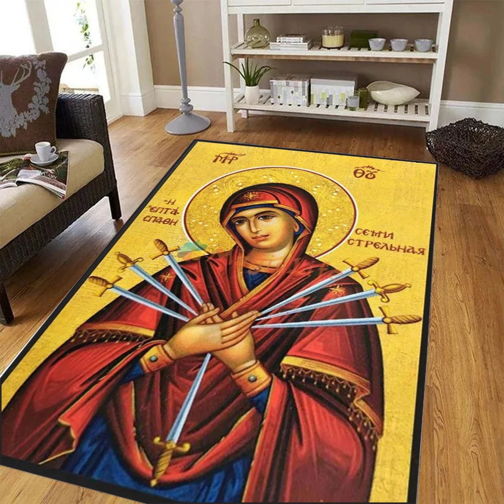 tapis religieux icône orthodoxe rouge bleu doré motif traditionnel salon chambre maison décoratif moderne