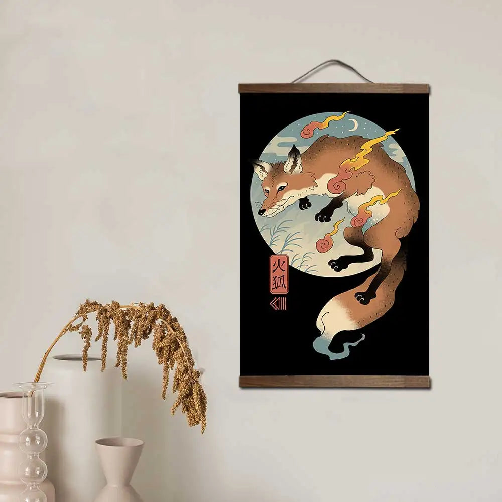 affiche toile cadre bois art japonais chat lapin samouraï décoration murale salon chambre