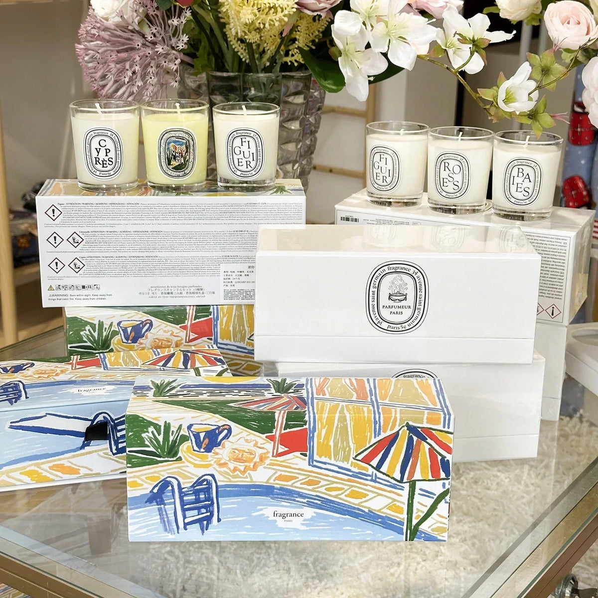 bougies parfumées cire gel aromathérapie forme coupe blanc logo diptyque verre transparent classique set