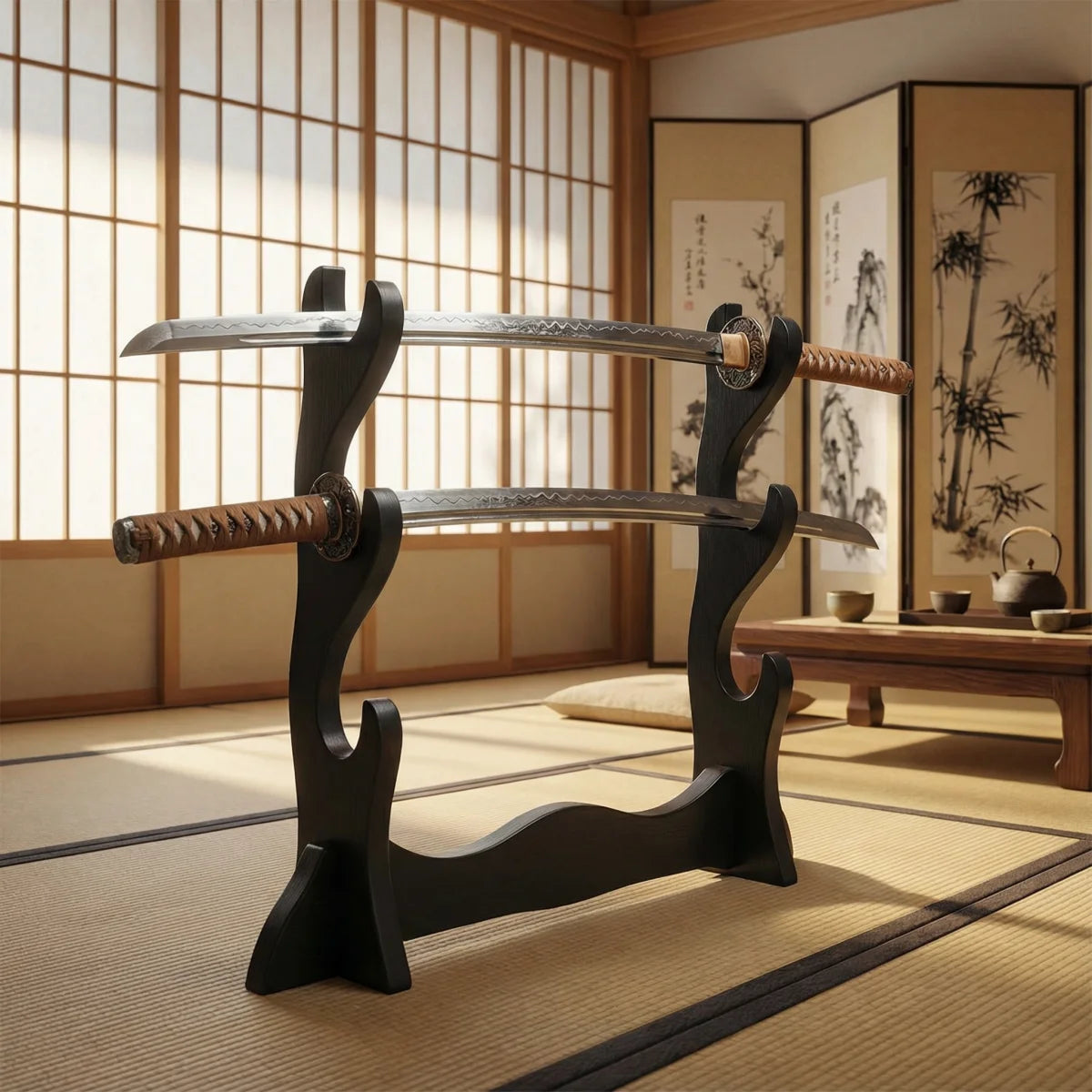 support bois moderne trois niveaux sabre japonais noir minimaliste stand étagère katana decoration maison