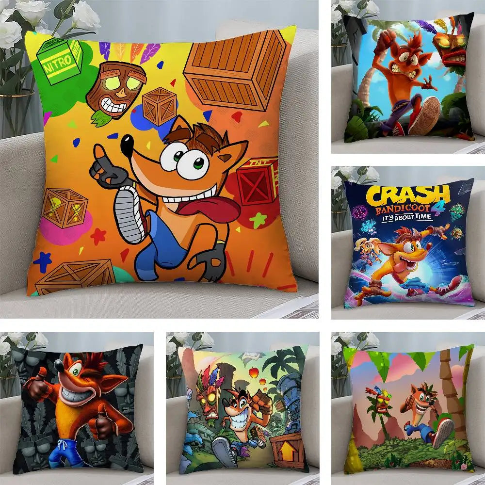 coussin décoratif carré crash bandicoot microfibre peluche cartoon orange bleu chambre salon enfant