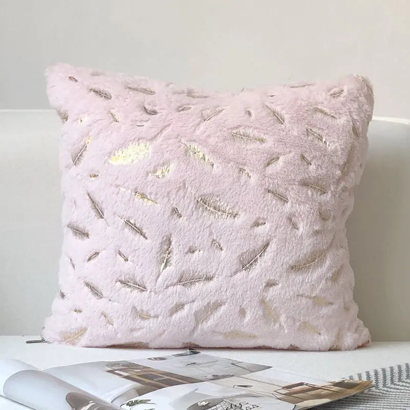 housses coussin plumes dorées fourrure moderne beige bleu rouge gris rose 43x43cm polyester respectueux