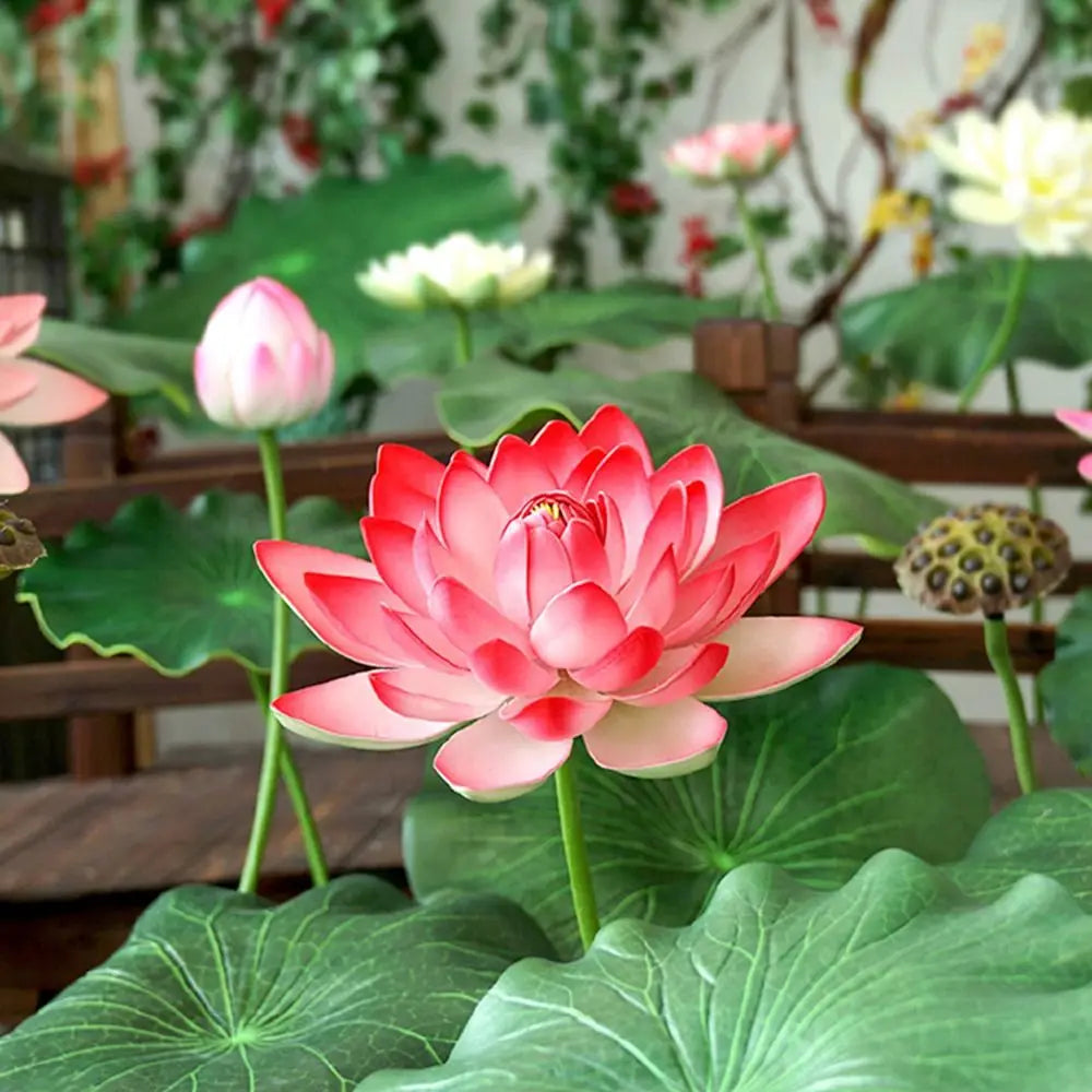 fleur artificielle lotus tige longue décoration intérieure vert rose blanc naturel détaillé Pods Feuilles