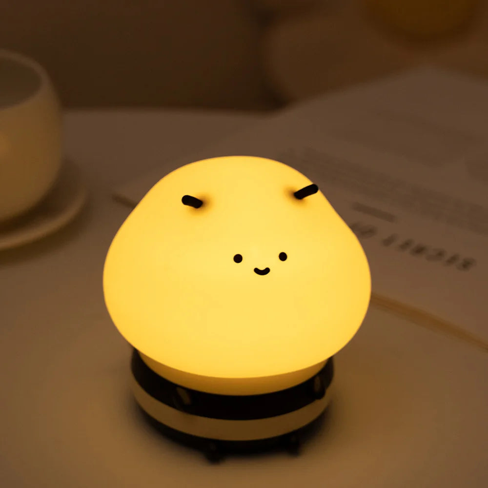 veilleuse table animée abeille souriante antennes noires moderne chambre enfants blanc noir led rechargeable