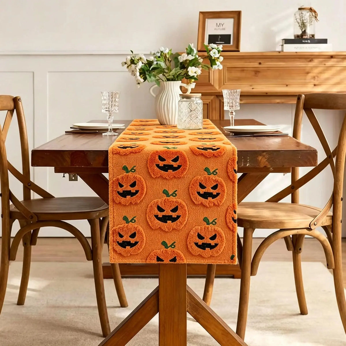 tableau halloween citrouilles fantômes orange blanc rose polyester restaurant fêtes salon automne