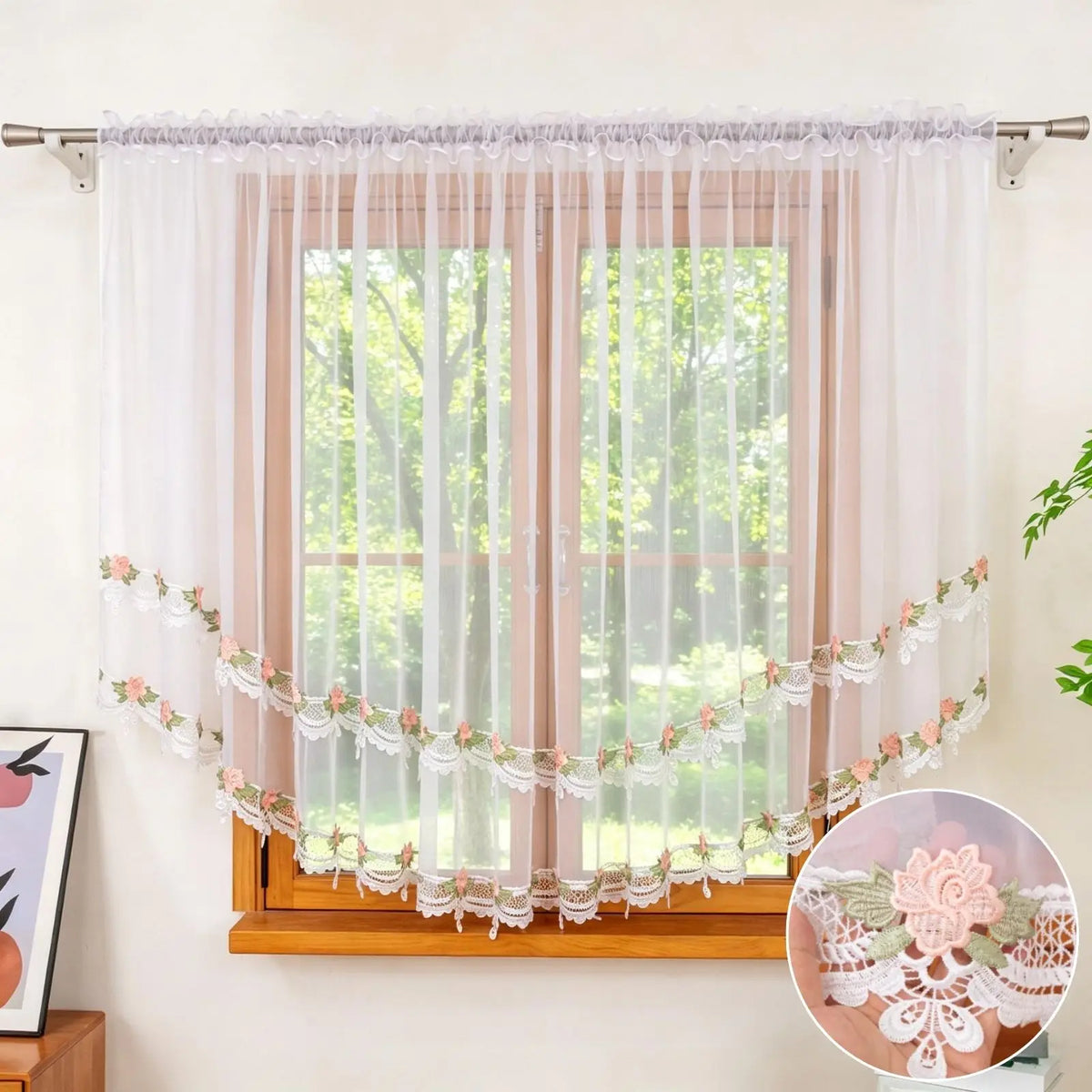 rideau transparent brodé fleurs dentelle romantique tissu plissé blanc rose vert chambre salonhôtel