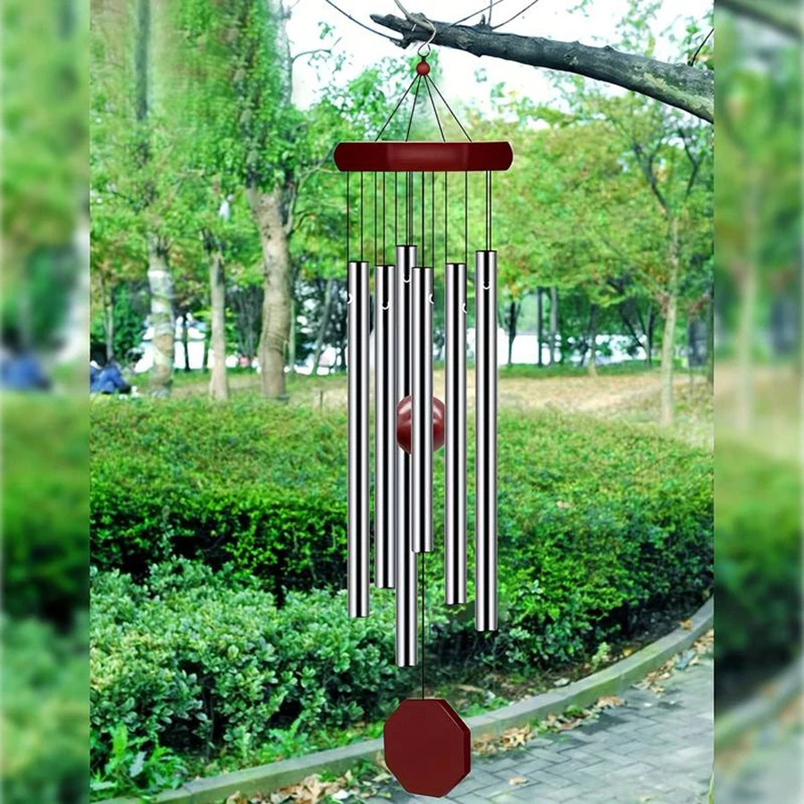 sifflet vent décoratif tubes métalliques argentés bois rouge balcon cour couloir zen fil suspension
