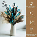 bouquet fleurs séchées naturel plumes feuilles vert bleu turquoise vase blanc décoration maison anniversaire