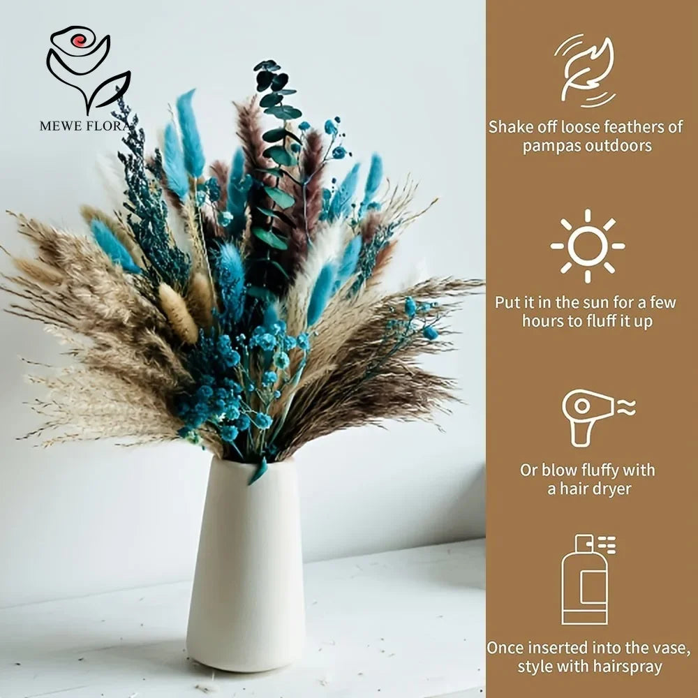 bouquet fleurs séchées naturel plumes feuilles vert bleu turquoise vase blanc décoration maison anniversaire
