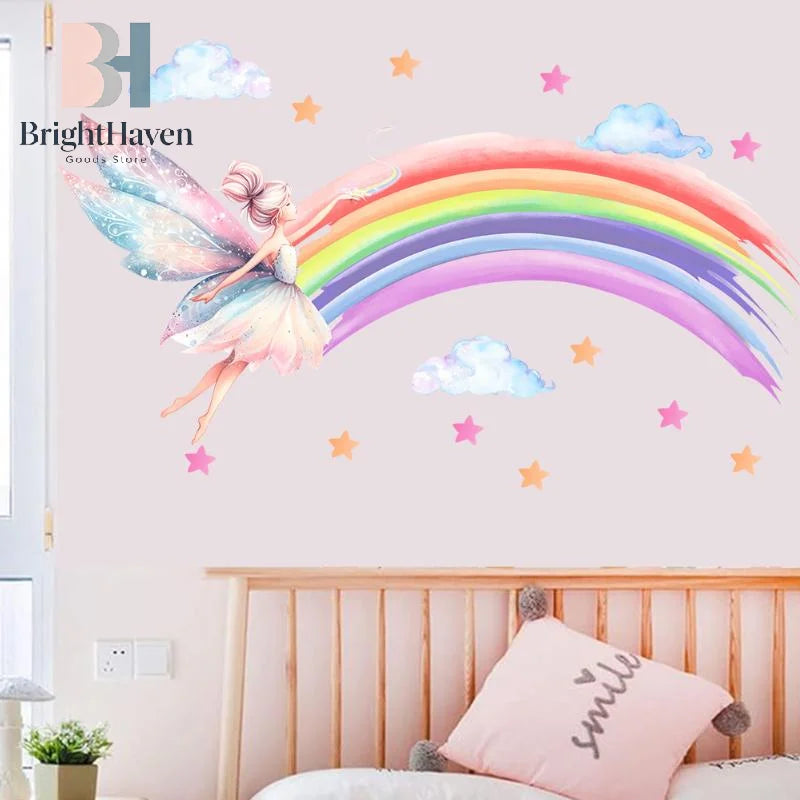 autocollant mural arc ciel fée dessin animé multicolore nuages étoiles chambre enfant illustration volantes