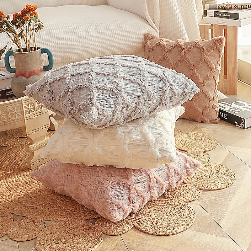 housse coussin décorative motif géométrique moderne canapé lit salon beige rose blanc luxe