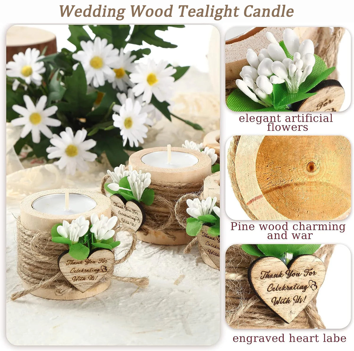 bougies poser blanc motif papier kraft fleurs blanches étiquette cœur rustique mariage remerciement 12