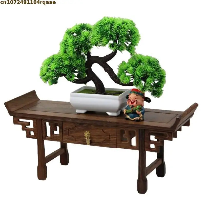 meuble bois chinois étagères sculptées pots fleurs figurine bouddha plante artificielle stand thé