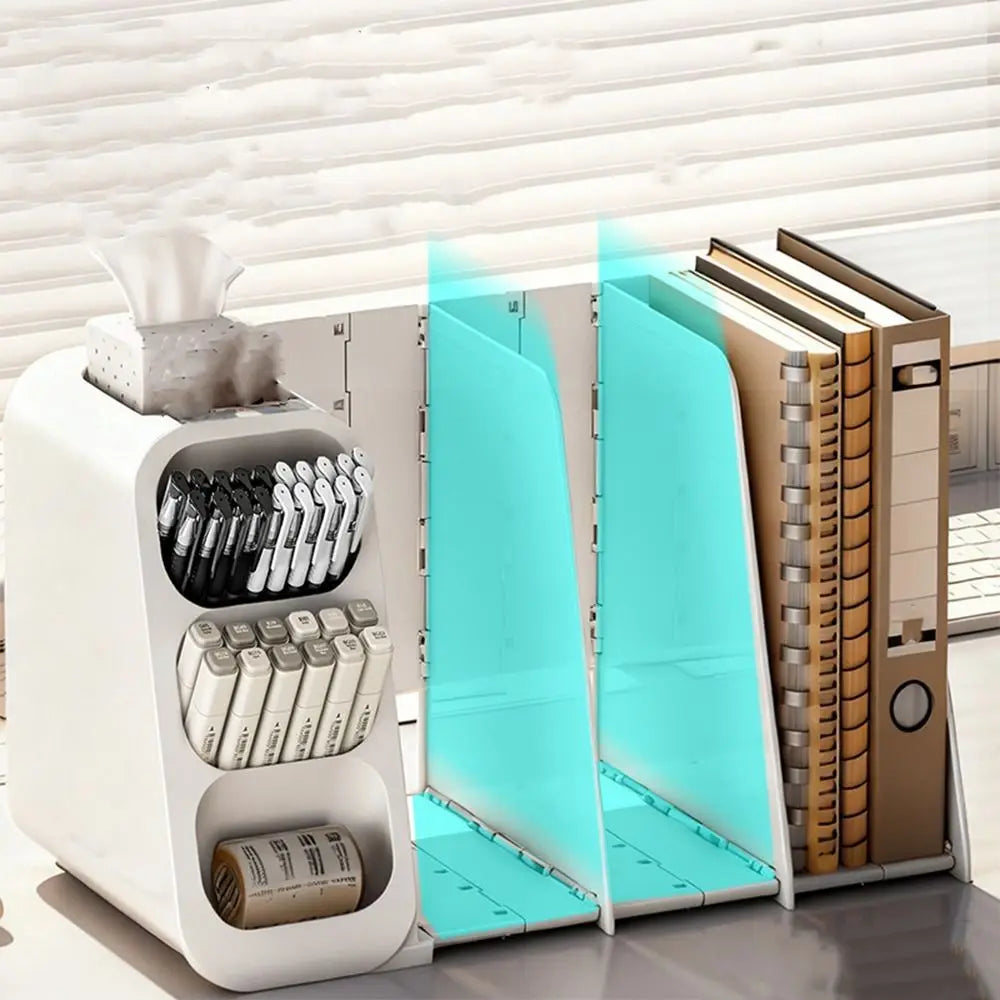 organisateur blanc moderne rangement stylos fichiers blancs bleus compartments ligne verticalisée étudiant