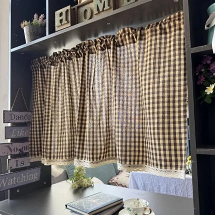 rideau marron clair carreaux gingham vintage polyester ruban dentelle cuisine chambre salon