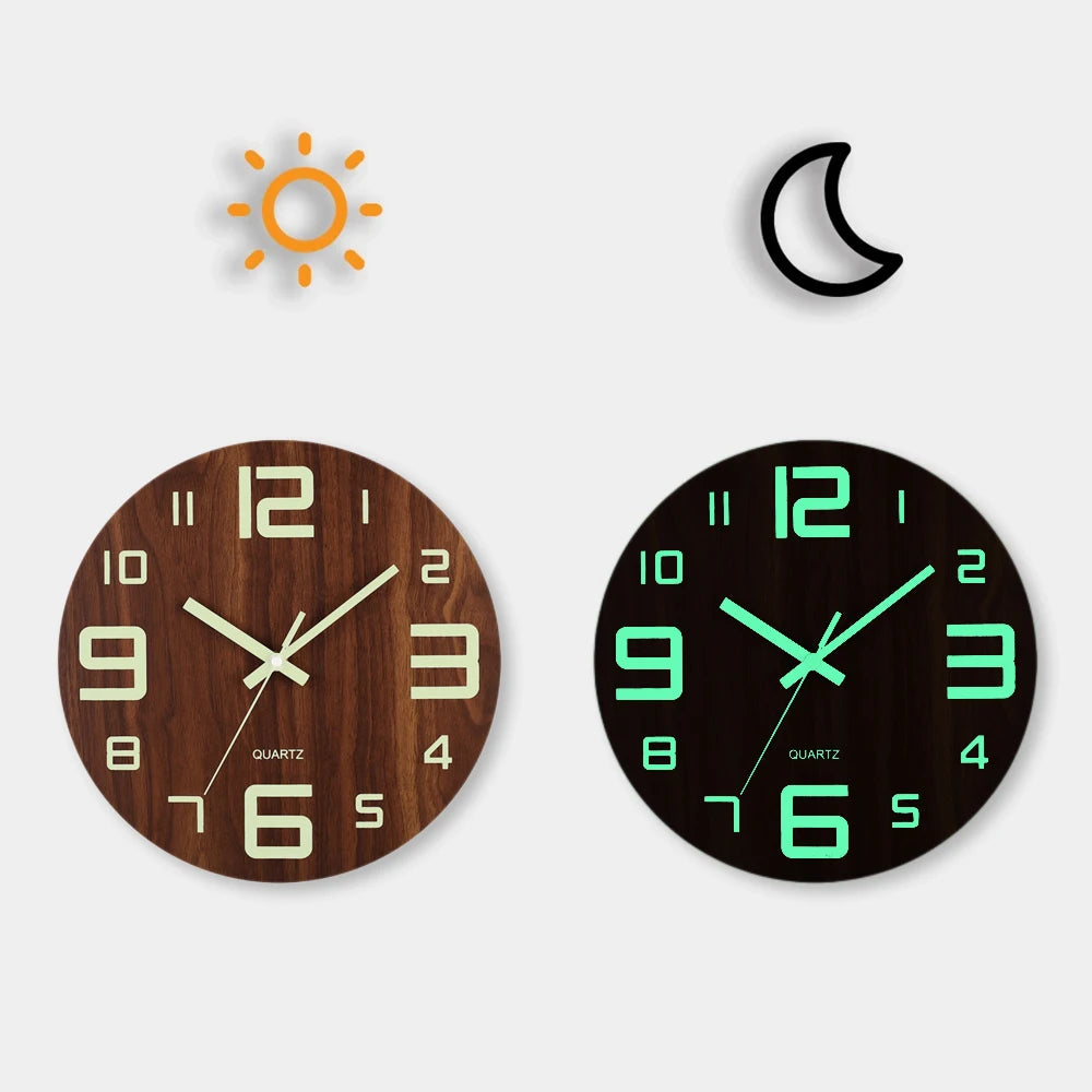 horloge murale bois lumineuse aiguille verte moderne 12 pouces minimaliste sans tic tac chambre