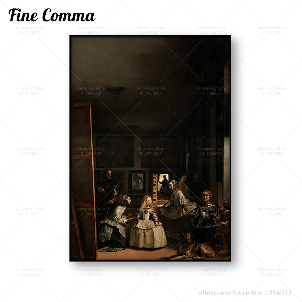 affiche vintage toile peinte personnages classique baroque scène intérieure tons sombres cadre noir décoration
