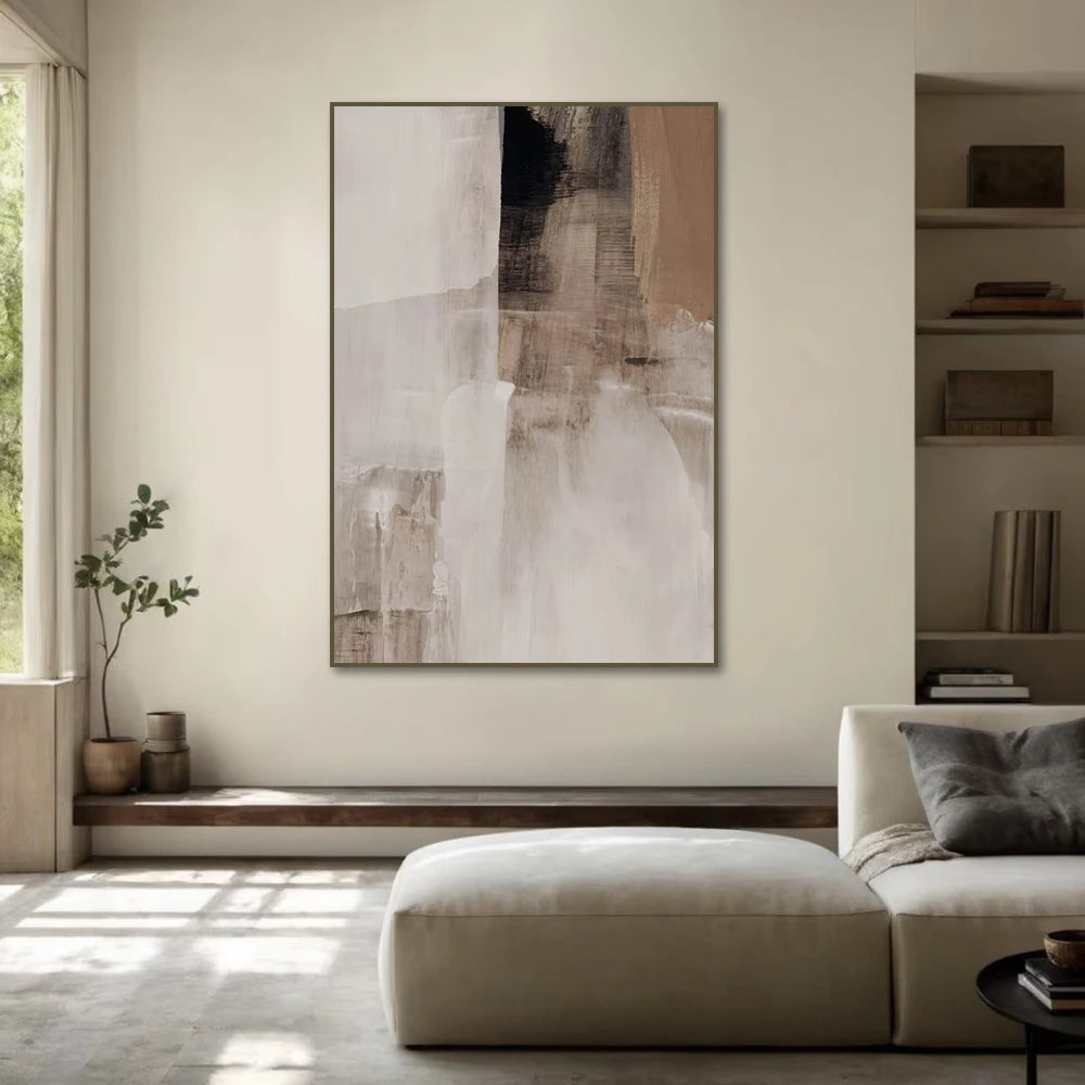tableau abstrait contemporain toile blanc beige noir textures variées sans cadre decoration murale chambre