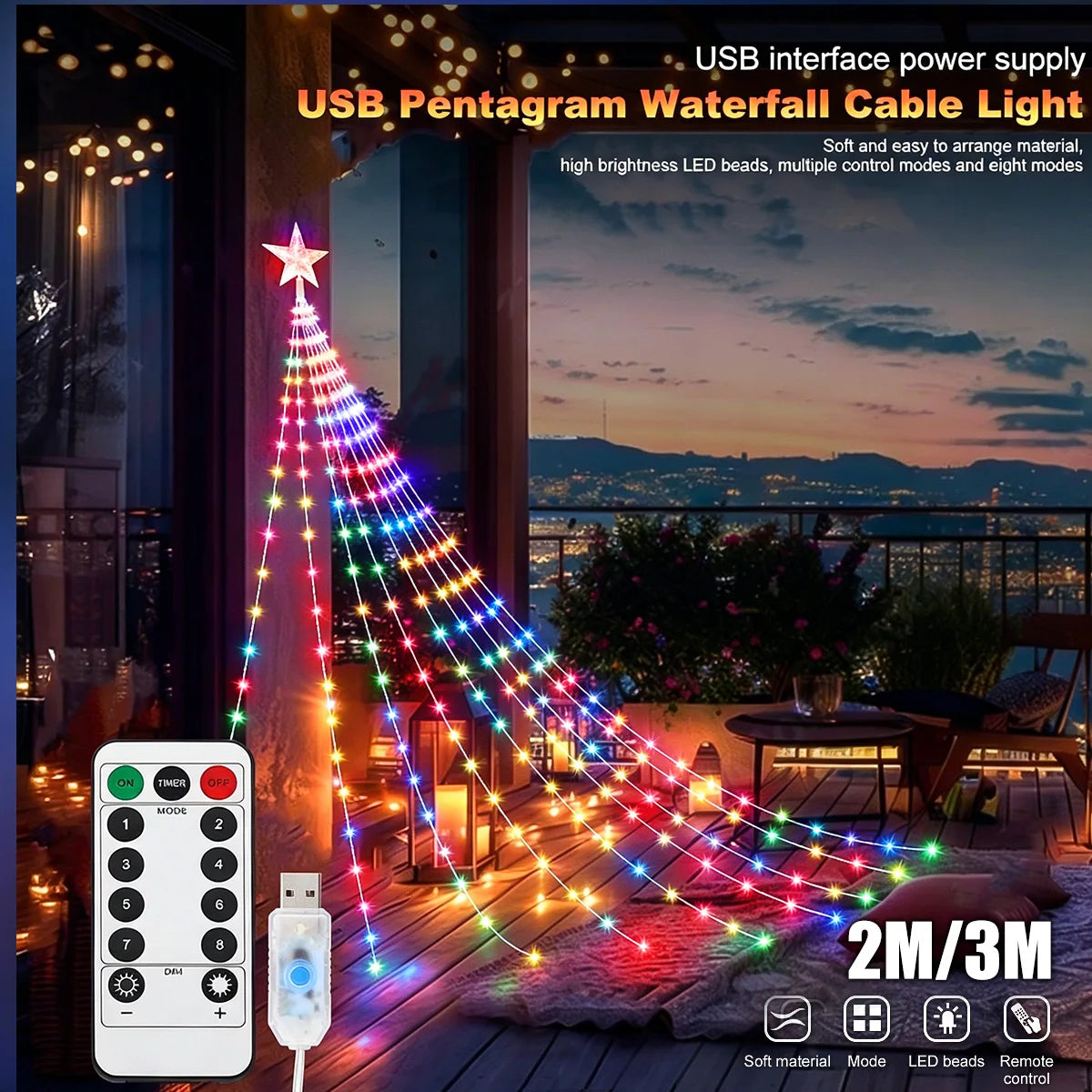guirlande lumineuse extérieure multicolore 2m 3m modes éclairage décoration noël moderne étoiles télécommande usb