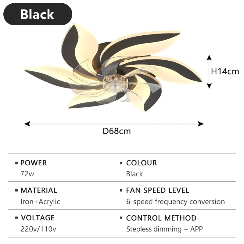 ventilateur plafonnier led moderne noir blanc feuilles stylisées six vitesses télécommande lumière variateur intensité