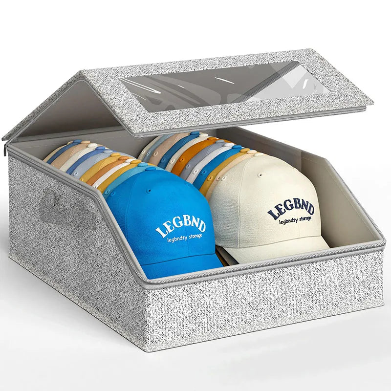 boîte rangement chapeaux gris bleu moderne granulée poignées réutilisable pratique anti poussière