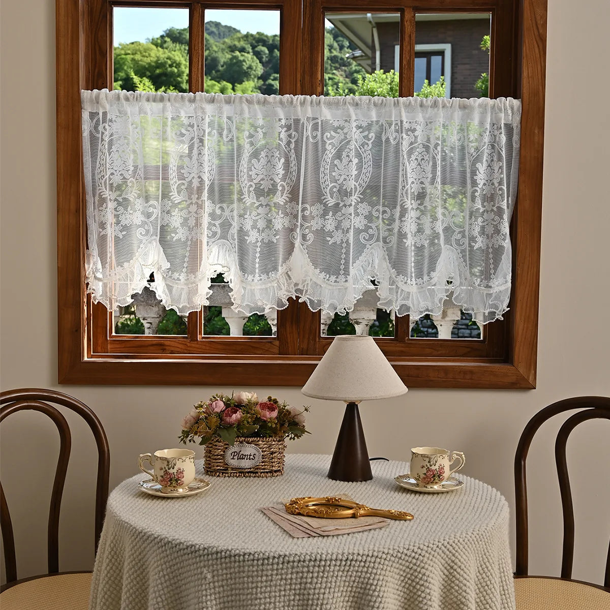 rideau blanc broderie florale dentelle translucide classique romantique cuisine chambre taille 100x55 cm
