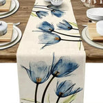 nappe table motif fleurs tulipes blanc bleu orange moderne rustique décoration cuisine salle manger