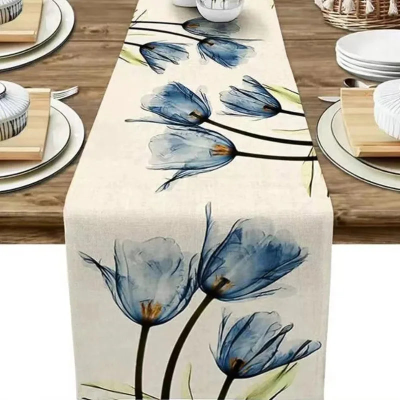 nappe table motif fleurs tulipes blanc bleu orange moderne rustique décoration cuisine salle manger