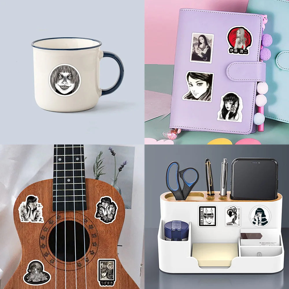 stickers adhésifs étanches gothiques manga abstraits visages grimaçants tomie kawakami junji ito