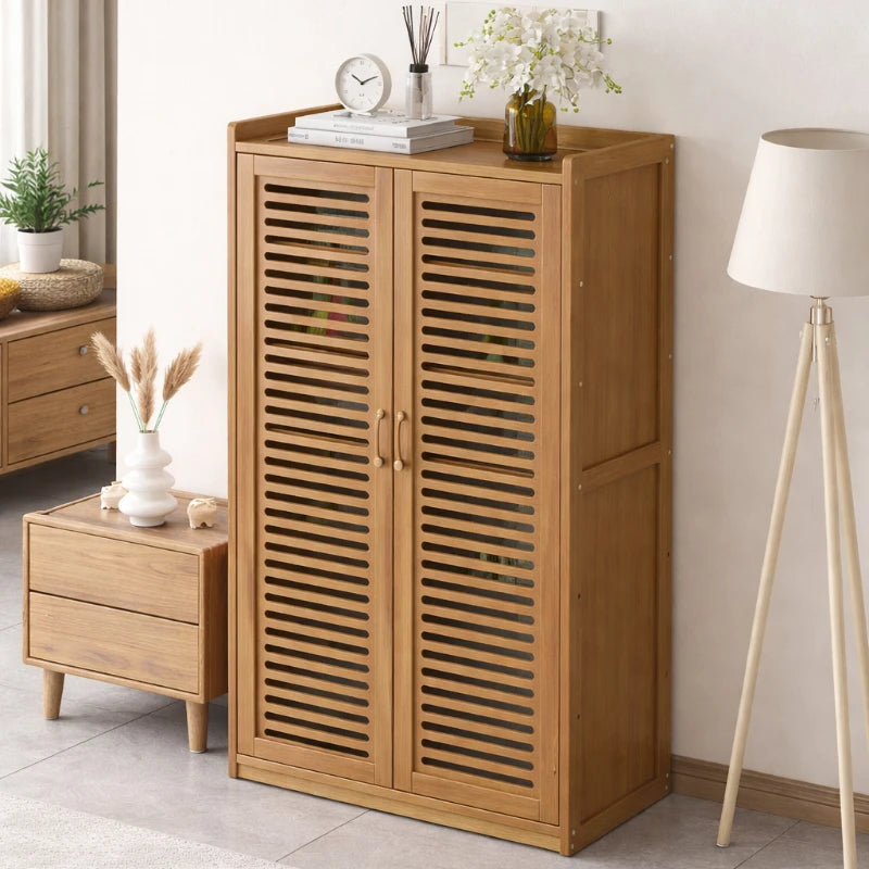 meuble rangement bois naturel moderne lattes verticales projecteur routeur boîtier stockage supplémentaire