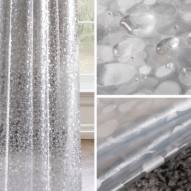 rideau douche moderne gris blanc translucide PVC ronds anneaux métalliques 180cm