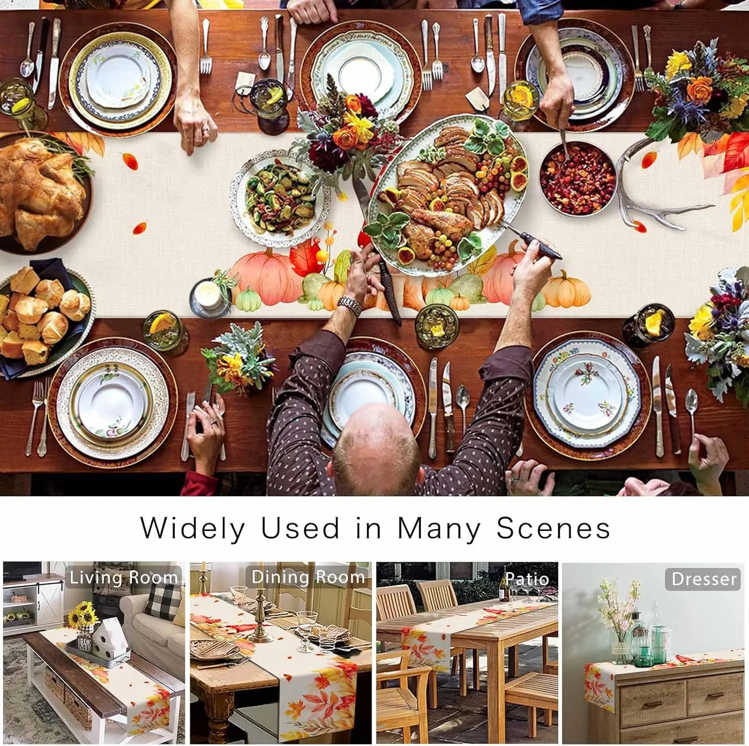 Cette image met en scène une table de fête décorée avec des aliments, des fleurs et des accessoires d'automne, suggérant une scène conviviale et festive, souvent utilisée dans des contextes tels que le salon, la salle à manger, le patio ou la commode.