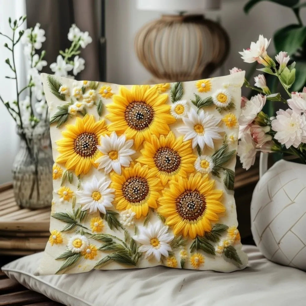 taies d'oreiller fleurs jaunes blanches texture 3d moelleuses polyester opaques decoratif coussin chambre coucher