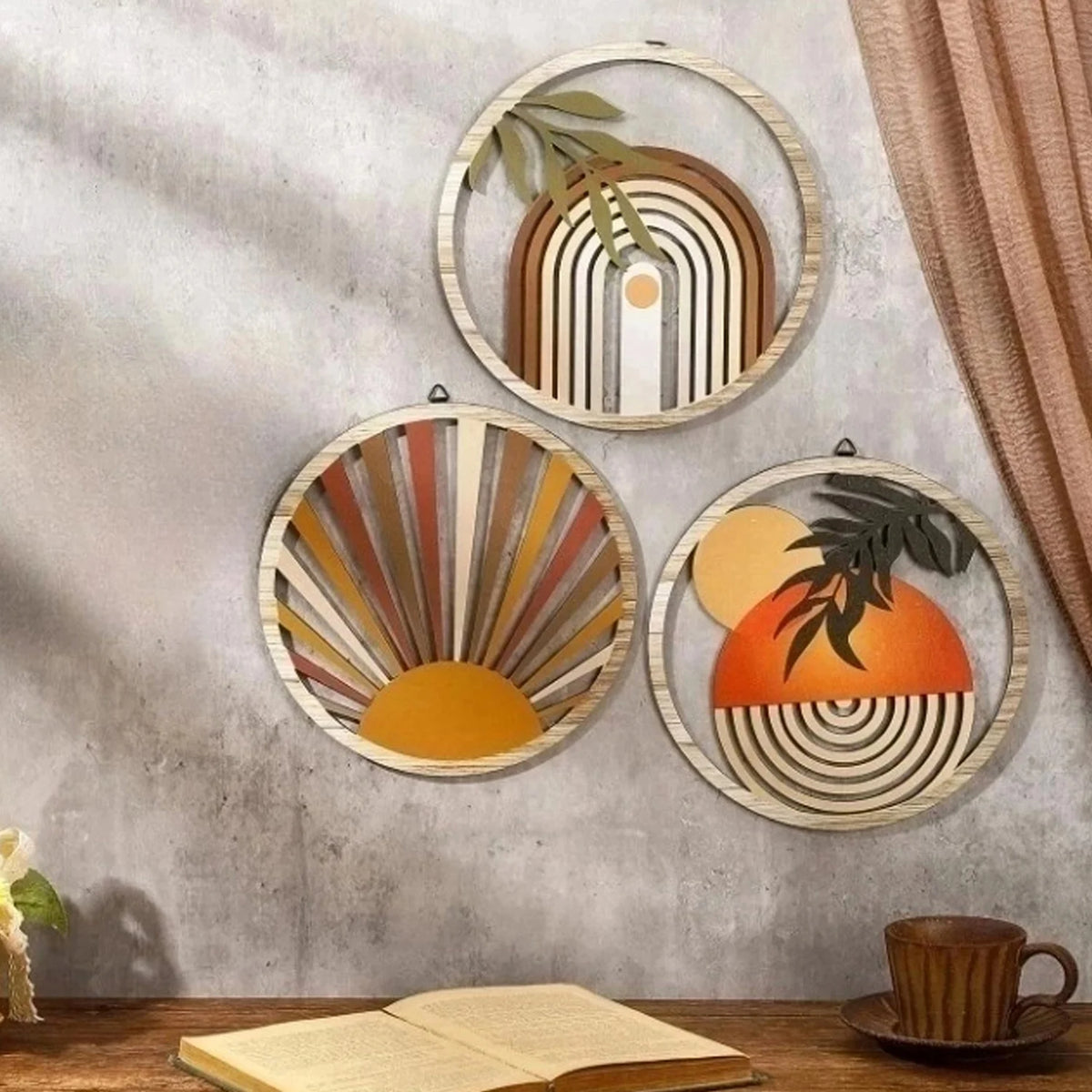 cadres murals bois marron clair motifs géométriques modernes chambre salon